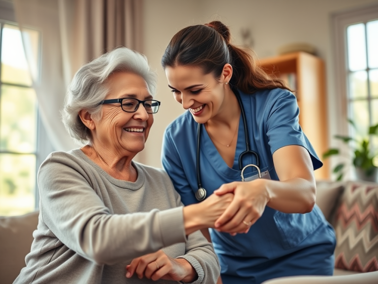 Compassionate caregiver assisting a senior resident at Keshi Health Care Services in Brooklyn Park, Minnesota